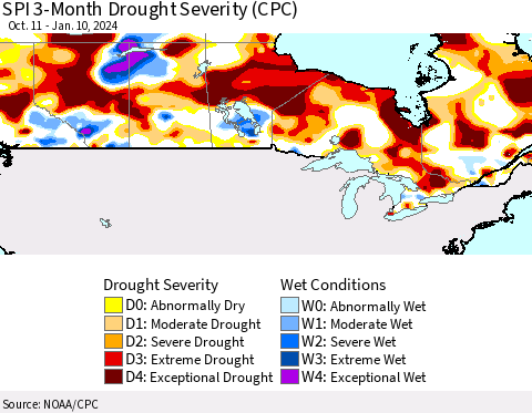 Canada SPI 3-Month Drought Severity (CPC) Thematic Map For 10/11/2023 - 1/10/2024