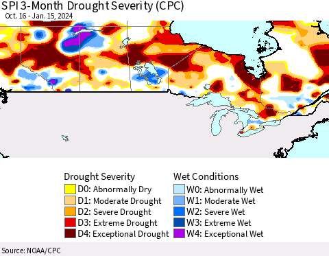 Canada SPI 3-Month Drought Severity (CPC) Thematic Map For 10/16/2023 - 1/15/2024