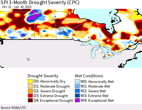 Canada SPI 3-Month Drought Severity (CPC) Thematic Map For 10/21/2023 - 1/20/2024