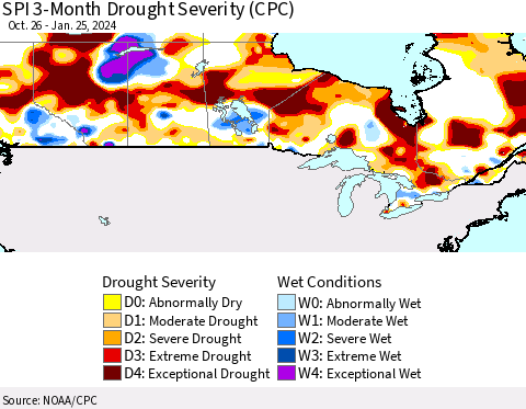 Canada SPI 3-Month Drought Severity (CPC) Thematic Map For 10/26/2023 - 1/25/2024