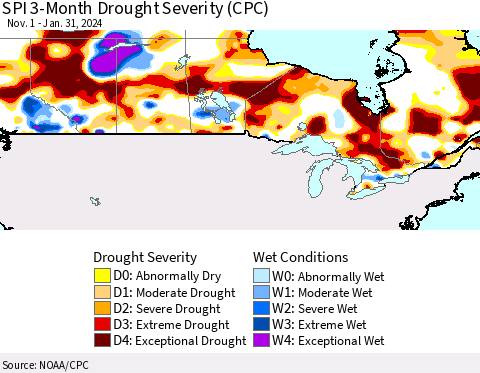 Canada SPI 3-Month Drought Severity (CPC) Thematic Map For 11/1/2023 - 1/31/2024