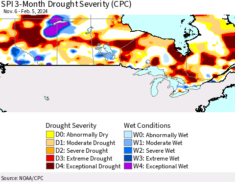 Canada SPI 3-Month Drought Severity (CPC) Thematic Map For 11/6/2023 - 2/5/2024
