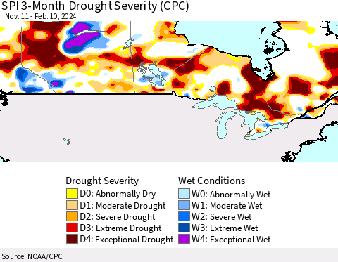 Canada SPI 3-Month Drought Severity (CPC) Thematic Map For 11/11/2023 - 2/10/2024