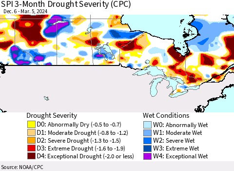 Canada SPI 3-Month Drought Severity (CPC) Thematic Map For 12/6/2023 - 3/5/2024