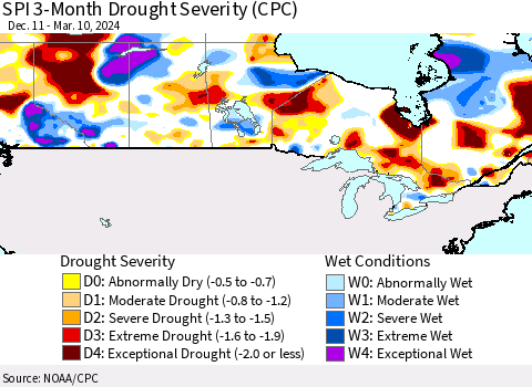Canada SPI 3-Month Drought Severity (CPC) Thematic Map For 12/11/2023 - 3/10/2024