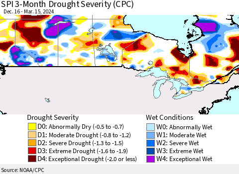 Canada SPI 3-Month Drought Severity (CPC) Thematic Map For 12/16/2023 - 3/15/2024