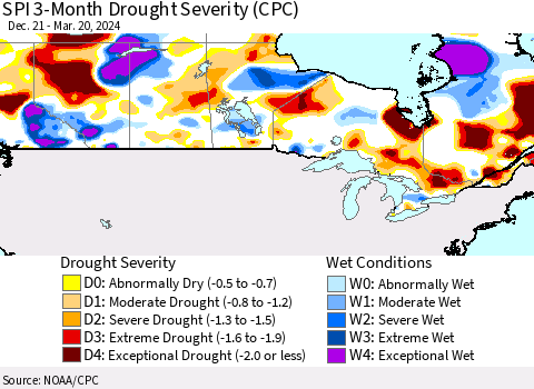 Canada SPI 3-Month Drought Severity (CPC) Thematic Map For 12/21/2023 - 3/20/2024