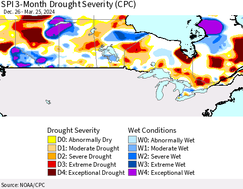 Canada SPI 3-Month Drought Severity (CPC) Thematic Map For 12/26/2023 - 3/25/2024