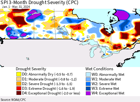 Canada SPI 3-Month Drought Severity (CPC) Thematic Map For 1/1/2024 - 3/31/2024