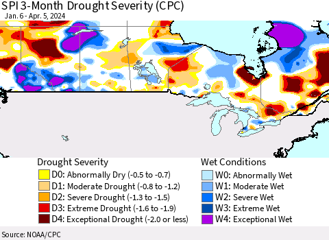 Canada SPI 3-Month Drought Severity (CPC) Thematic Map For 1/6/2024 - 4/5/2024