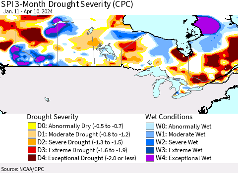 Canada SPI 3-Month Drought Severity (CPC) Thematic Map For 1/11/2024 - 4/10/2024