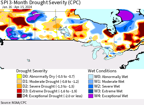 Canada SPI 3-Month Drought Severity (CPC) Thematic Map For 1/16/2024 - 4/15/2024