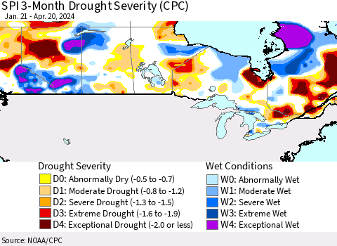 Canada SPI 3-Month Drought Severity (CPC) Thematic Map For 1/21/2024 - 4/20/2024