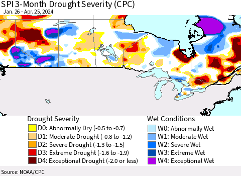 Canada SPI 3-Month Drought Severity (CPC) Thematic Map For 1/26/2024 - 4/25/2024