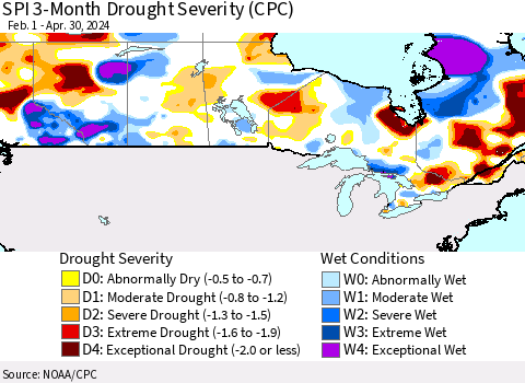 Canada SPI 3-Month Drought Severity (CPC) Thematic Map For 2/1/2024 - 4/30/2024