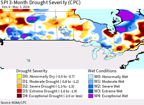 Canada SPI 3-Month Drought Severity (CPC) Thematic Map For 2/6/2024 - 5/5/2024