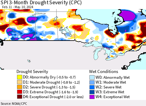 Canada SPI 3-Month Drought Severity (CPC) Thematic Map For 2/11/2024 - 5/10/2024