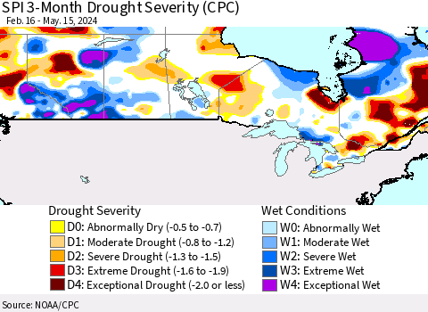 Canada SPI 3-Month Drought Severity (CPC) Thematic Map For 2/16/2024 - 5/15/2024