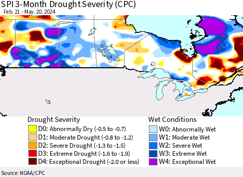 Canada SPI 3-Month Drought Severity (CPC) Thematic Map For 2/21/2024 - 5/20/2024
