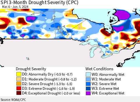 Canada SPI 3-Month Drought Severity (CPC) Thematic Map For 3/6/2024 - 6/5/2024