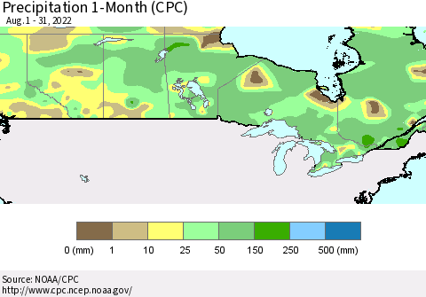 Canada Precipitation 1-Month (CPC) Thematic Map For 8/1/2022 - 8/31/2022