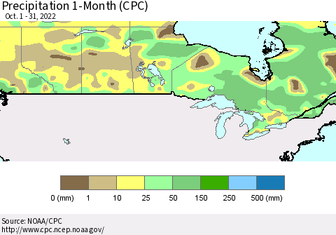 Canada Precipitation 1-Month (CPC) Thematic Map For 10/1/2022 - 10/31/2022