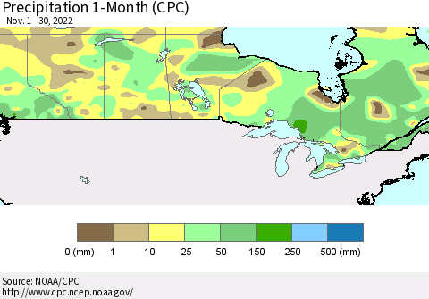 Canada Precipitation 1-Month (CPC) Thematic Map For 11/1/2022 - 11/30/2022