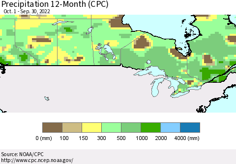 Canada Precipitation 12-Month (CPC) Thematic Map For 10/1/2021 - 9/30/2022