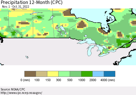 Canada Precipitation 12-Month (CPC) Thematic Map For 11/1/2021 - 10/31/2022