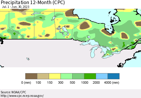 Canada Precipitation 12-Month (CPC) Thematic Map For 7/1/2022 - 6/30/2023