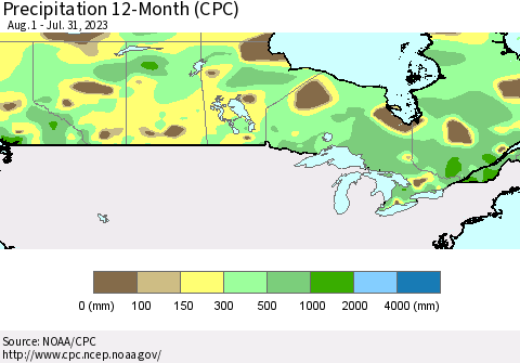 Canada Precipitation 12-Month (CPC) Thematic Map For 8/1/2022 - 7/31/2023