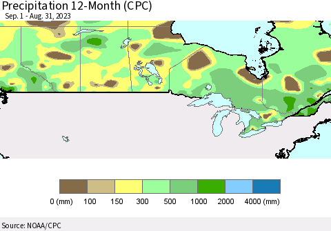 Canada Precipitation 12-Month (CPC) Thematic Map For 9/1/2022 - 8/31/2023