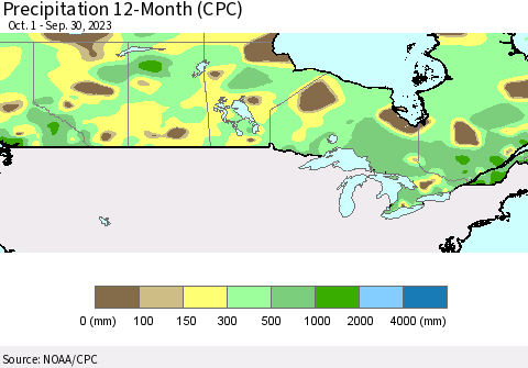 Canada Precipitation 12-Month (CPC) Thematic Map For 10/1/2022 - 9/30/2023