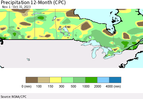 Canada Precipitation 12-Month (CPC) Thematic Map For 11/1/2022 - 10/31/2023