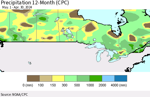Canada Precipitation 12-Month (CPC) Thematic Map For 5/1/2023 - 4/30/2024