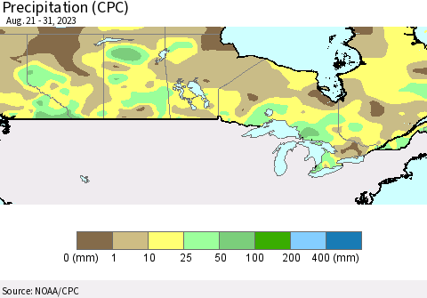 Canada Precipitation (CPC) Thematic Map For 8/21/2023 - 8/31/2023