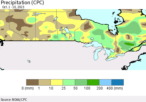 Canada Precipitation (CPC) Thematic Map For 10/1/2023 - 10/10/2023