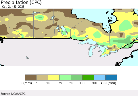 Canada Precipitation (CPC) Thematic Map For 10/21/2023 - 10/31/2023