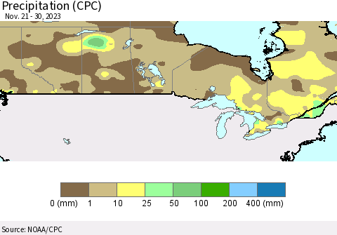 Canada Precipitation (CPC) Thematic Map For 11/21/2023 - 11/30/2023