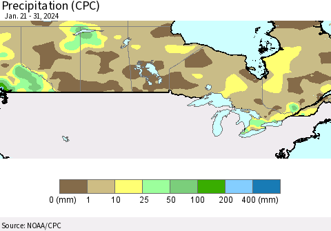 Canada Precipitation (CPC) Thematic Map For 1/21/2024 - 1/31/2024