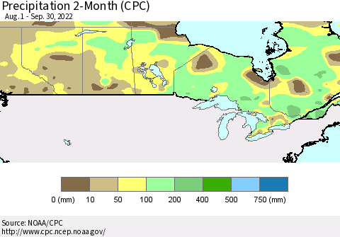Canada Precipitation 2-Month (CPC) Thematic Map For 8/1/2022 - 9/30/2022