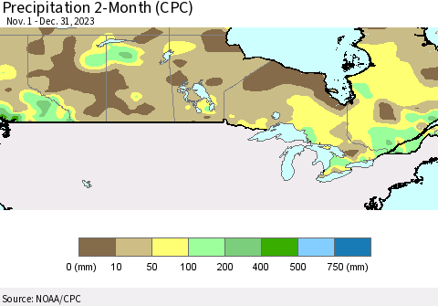 Canada Precipitation 2-Month (CPC) Thematic Map For 11/1/2023 - 12/31/2023