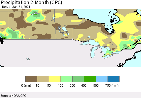 Canada Precipitation 2-Month (CPC) Thematic Map For 12/1/2023 - 1/31/2024