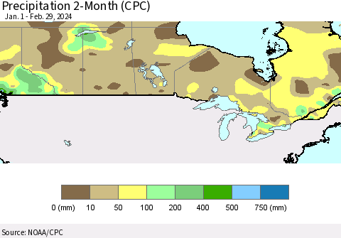 Canada Precipitation 2-Month (CPC) Thematic Map For 1/1/2024 - 2/29/2024