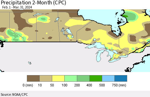 Canada Precipitation 2-Month (CPC) Thematic Map For 2/1/2024 - 3/31/2024