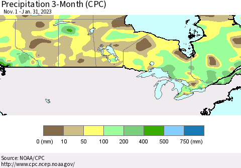 Canada Precipitation 3-Month (CPC) Thematic Map For 11/1/2022 - 1/31/2023