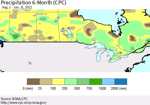Canada Precipitation 6-Month (CPC) Thematic Map For 8/1/2021 - 1/31/2022