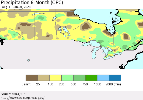 Canada Precipitation 6-Month (CPC) Thematic Map For 8/1/2022 - 1/31/2023