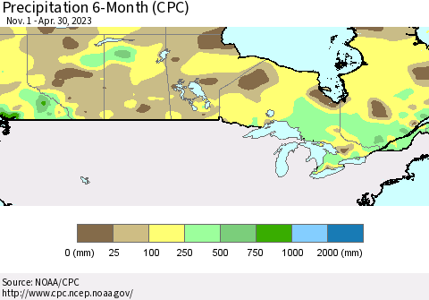 Canada Precipitation 6-Month (CPC) Thematic Map For 11/1/2022 - 4/30/2023