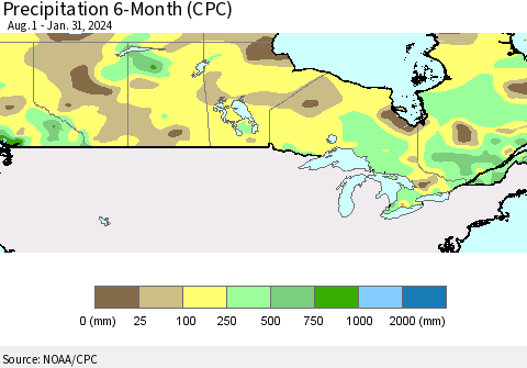 Canada Precipitation 6-Month (CPC) Thematic Map For 8/1/2023 - 1/31/2024
